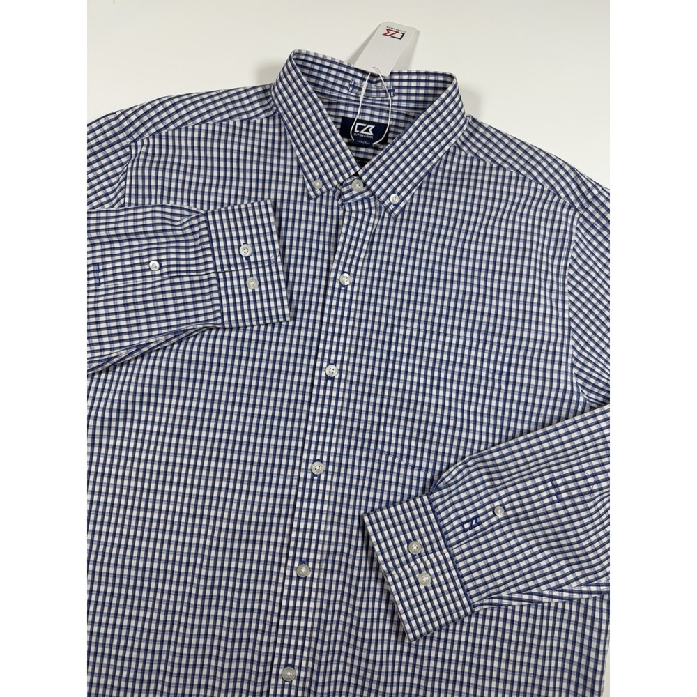 NWT Cutter & Buck Easy Care Shirt Mens Large Blue White Gingham Check MCW00143
